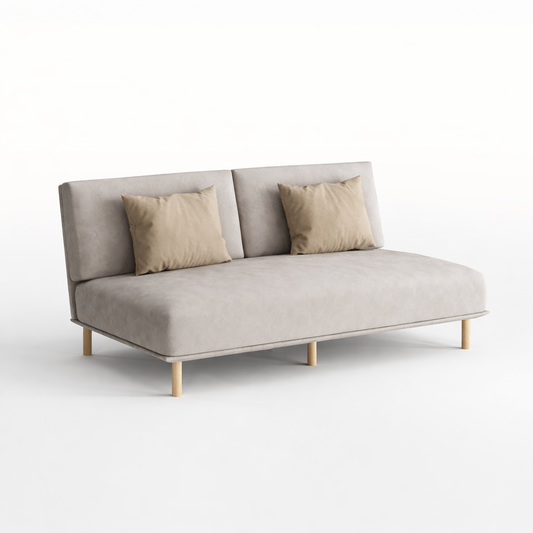 Modern beige sofa with beige cushions on a white background