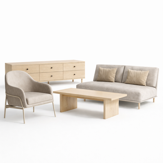 Modern living room furniture set with a sofa, armchair, and coffee table on a white background