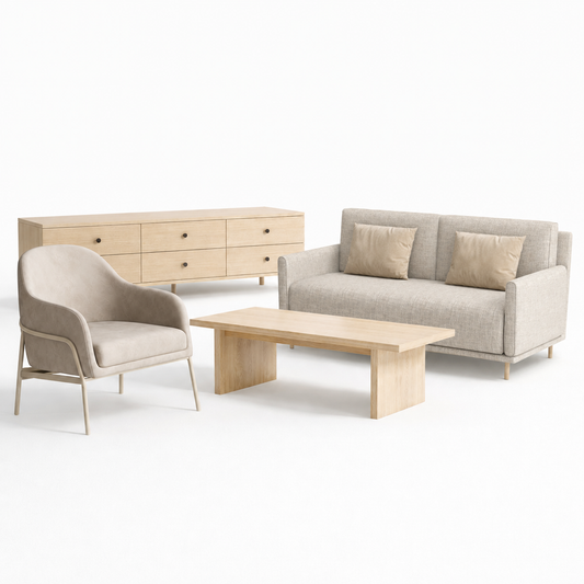 Modern living room furniture set with a sofa, armchair, and coffee table on a white background