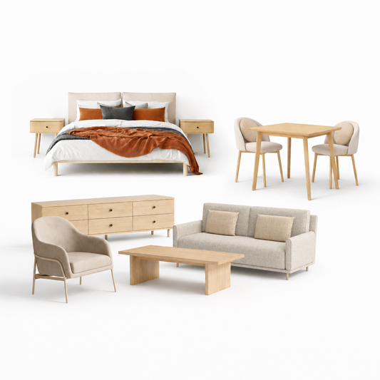 White background image showing furniture package contents of a bed/nightstands, dining table and 2 chairs, sofa, armchair, coffee table and tv unit.