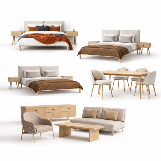 White background image showing furniture package contents of 3 beds/nightstands, dining table and 4 chairs, sofa, armchair, coffee table and tv unit.