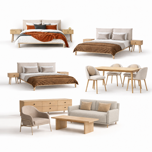 White background image showing furniture package contents of 3 beds/nightstands, dining table and 4 chairs, sofa, armchair, coffee table and tv unit.