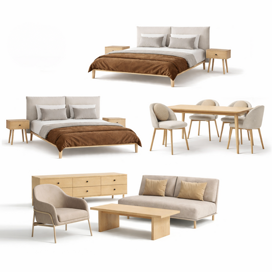 White background image showing furniture package contents of 2 beds/nightstands, dining table and 4 chairs, sofa, armchair, coffee table and tv unit.
