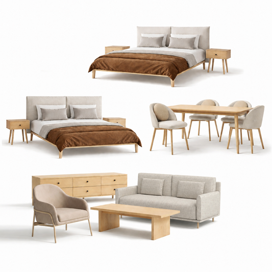 White background image showing furniture package contents of 2 beds/nightstands, dining table and 4 chairs, sofa, armchair, coffee table and tv unit.