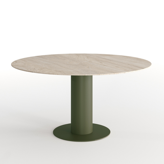 Round table with a light wooden top and green metal base on a white background