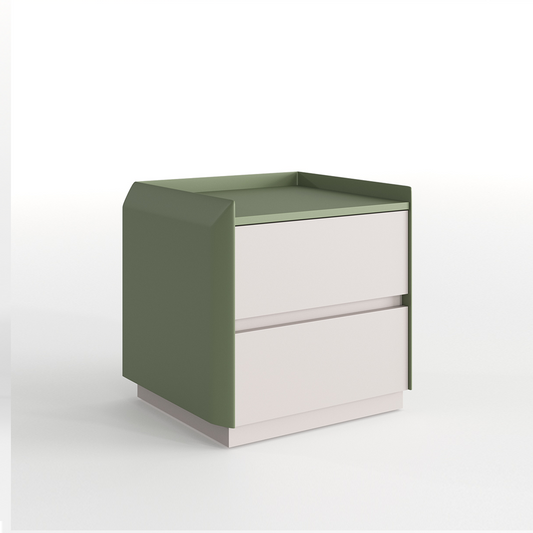 Green and white two-drawer bedside table on a white background