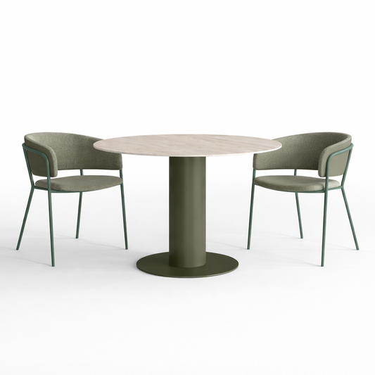 Round dining table with two chairs on a white background