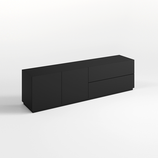 Black tv unit with two doors and two drawers on a white background