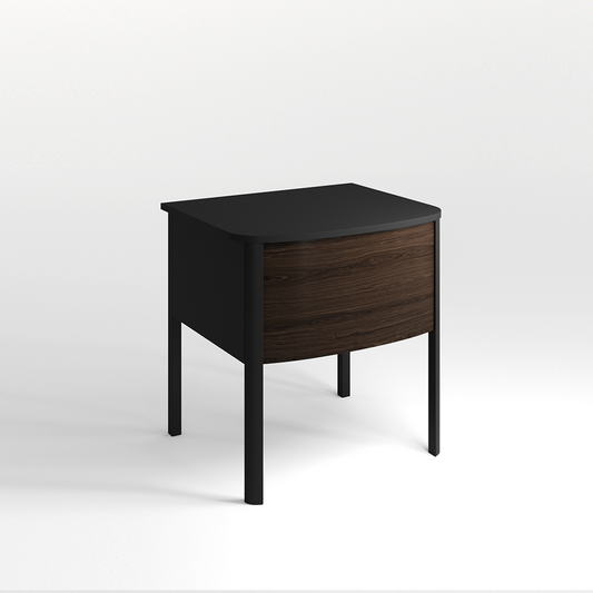 Black and walnut bedside table on a white background