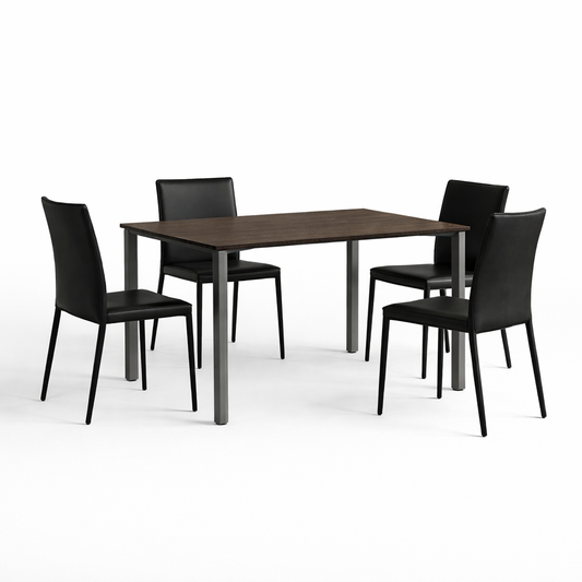 Modern dining set with a dark table and 4 chairs on a white background