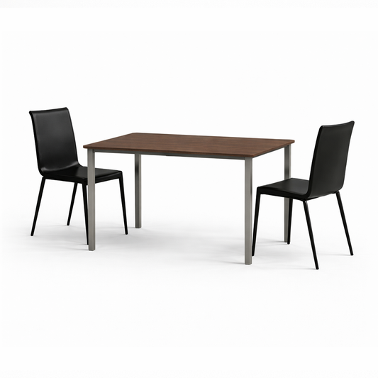 Dining table with two black chairs on a white background