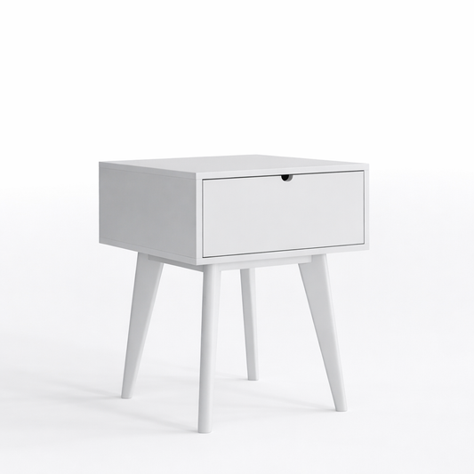 Light grey nightstand with a single drawer on a white background