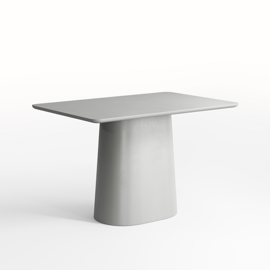 Modern grey dining table with a cylindrical base on a white background