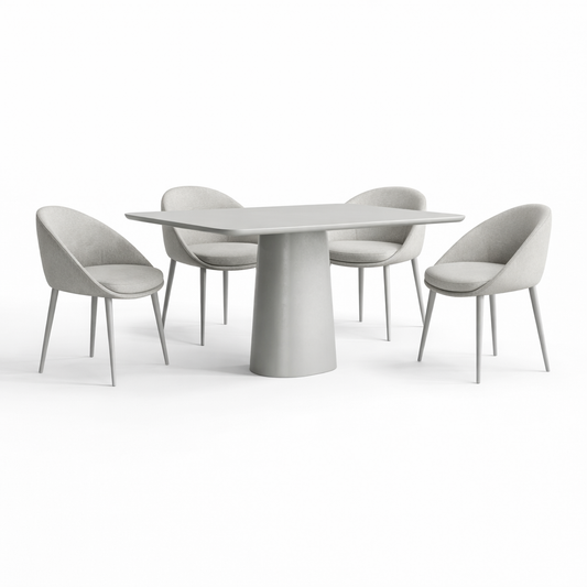 Modern dining set with a grey table and 4 chairs on a white background