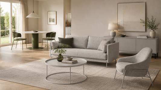 Modern open plan living and dining apartment with minimalist style.