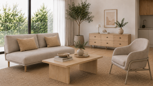 Modern open plan living and dining one bedroom apartment with neutral furniture. 