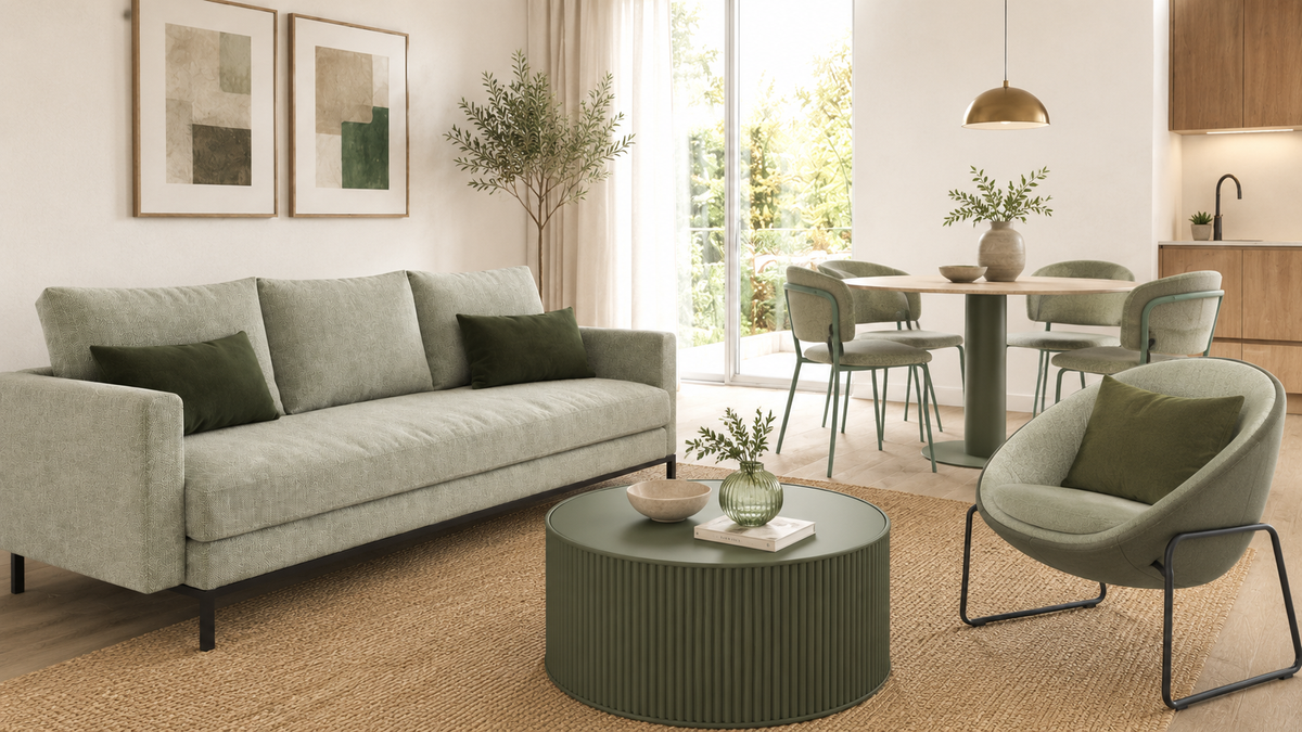 Modern open plan one bed apartment with green furniture.