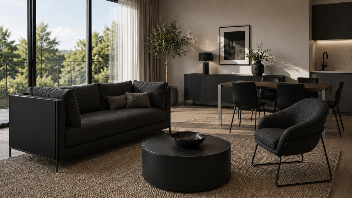 Open plan living and dining room furnished with furniture from the Platinum Collection.