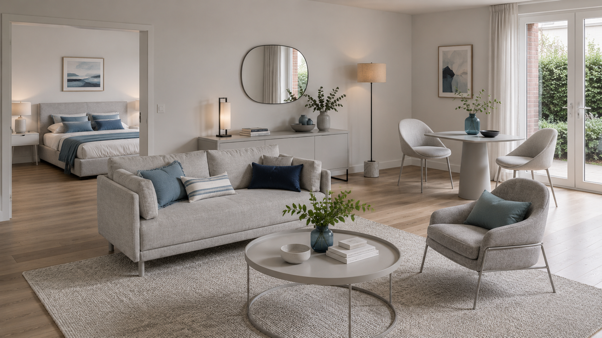 Modern open plan one bed apartment with grey furniture.