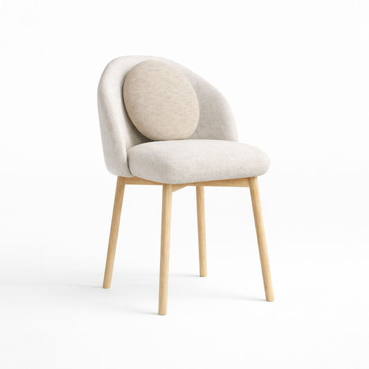 Modern dining chair with beige cushioned backrest and seat on a white background