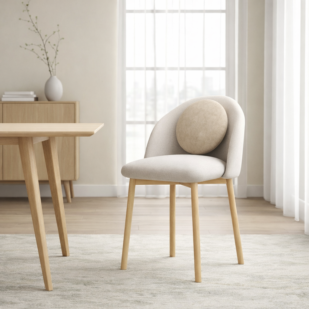 Modern dining chair with wooden legs in a minimalistic room