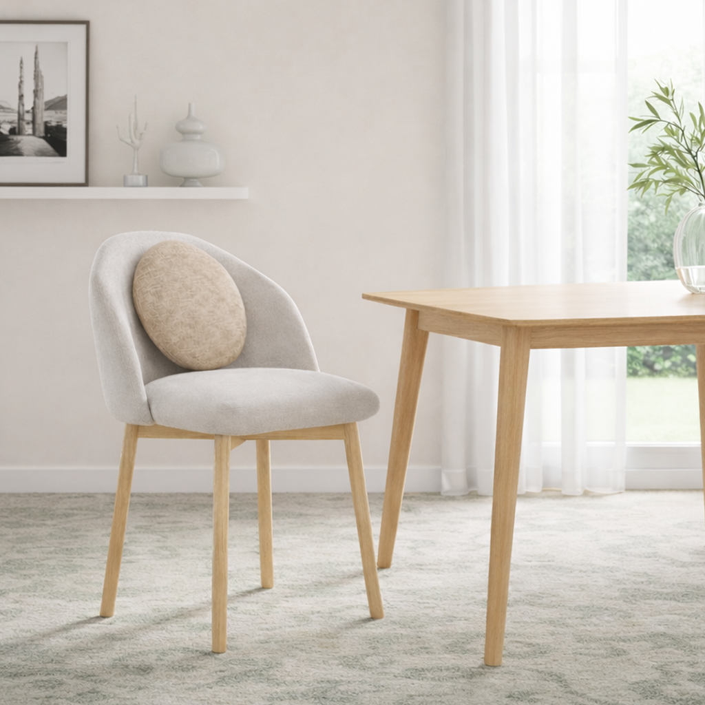 Light oak dining chair with a beige upholstered seat positioned in a dining space with a table and soft neutral decor around it.