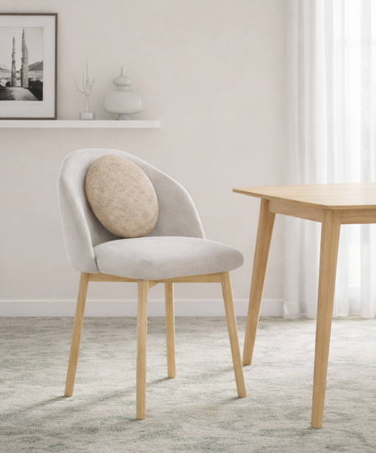 Modern dining chair with a wooden table in a minimalistic room.