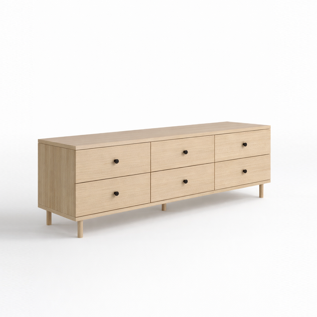 Light oak wooden tv unit with multiple drawers on a white background