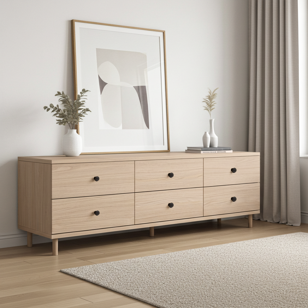 Wooden dresser with four drawers in a room with a painting and plants on top.