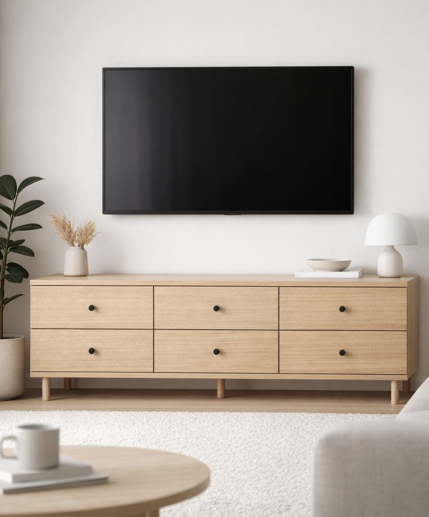 Wooden TV stand with a mounted television in a living room setting.