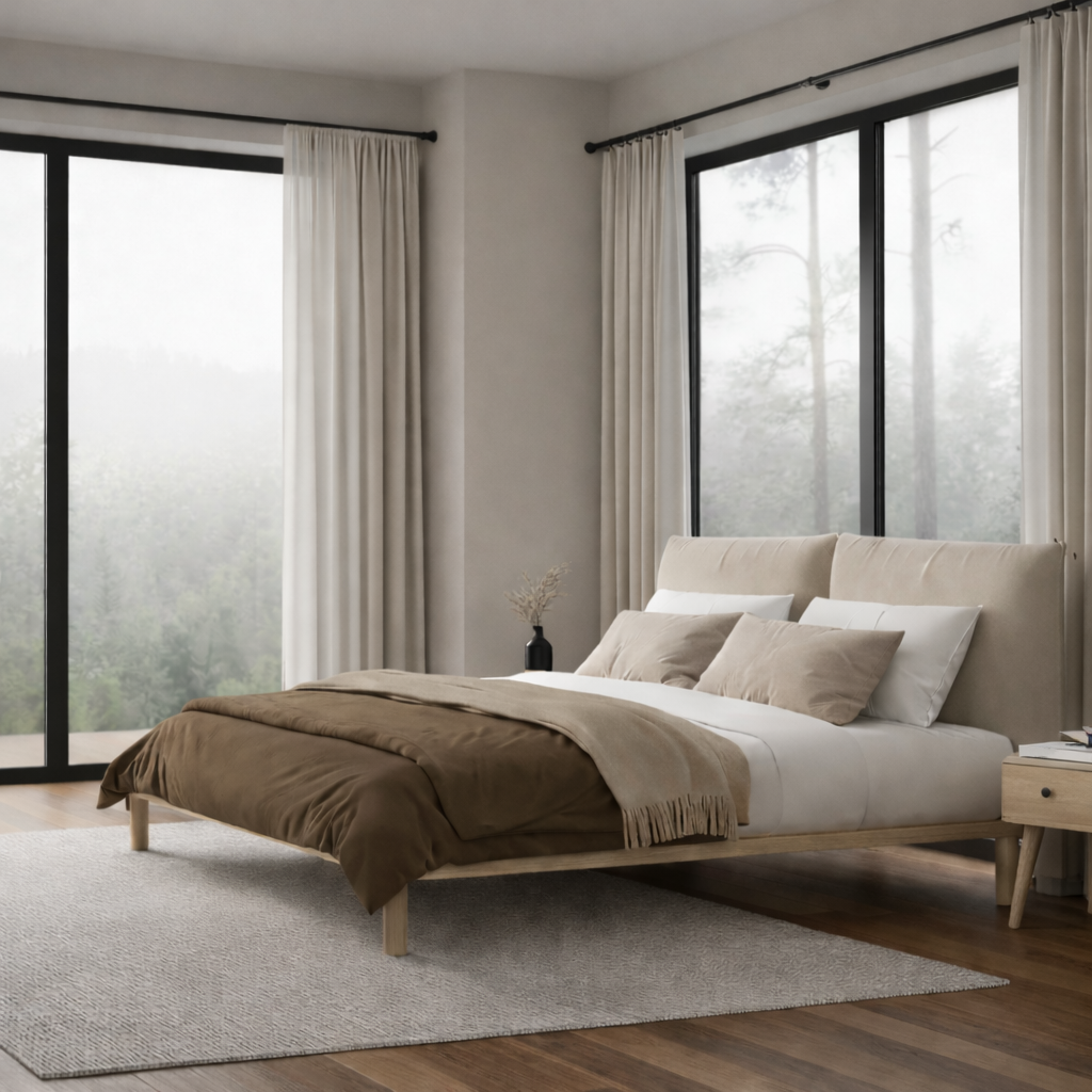 Modern bedroom with a bed, brown and beige bedding, and large windows.