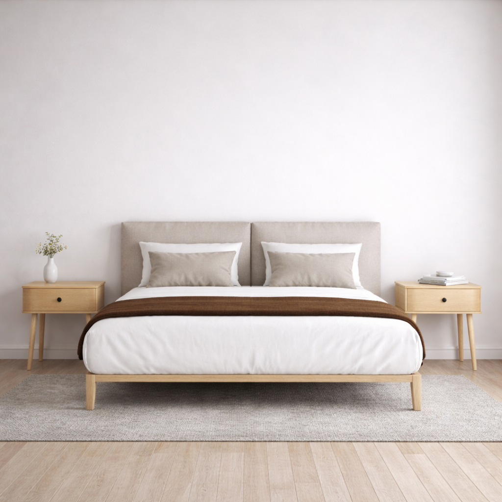 Bedroom with a wooden bed frame, white bedding, and matching nightstands.
