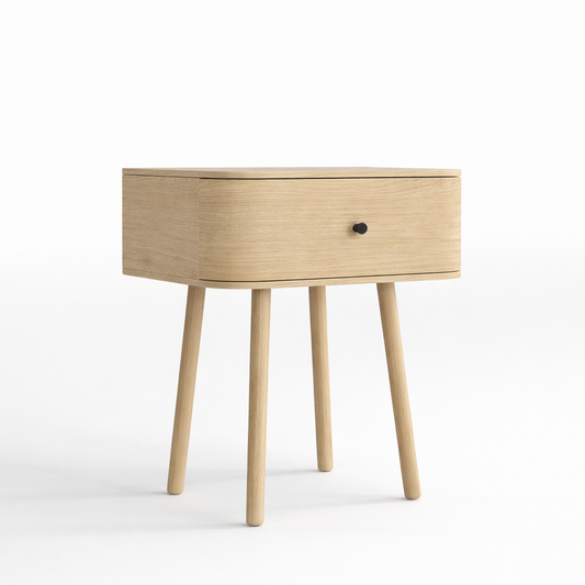 Wooden bedside table with a single drawer on a white background