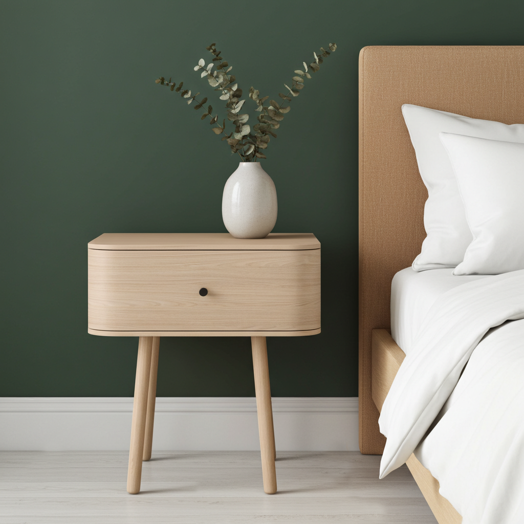 Wooden nightstand with a white vase and plant against a green wall.