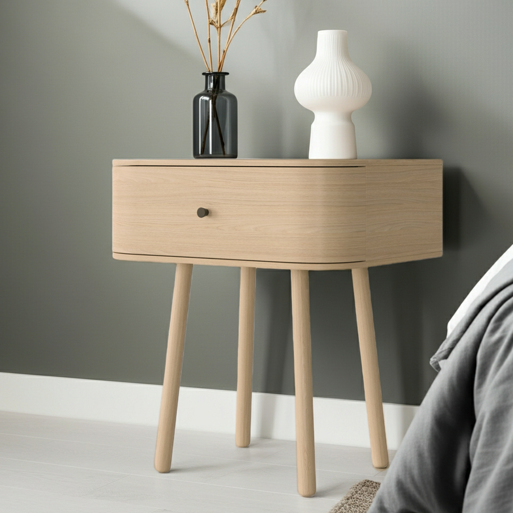 Wooden bedside table with two vases in a neutral, minimalist bedroom