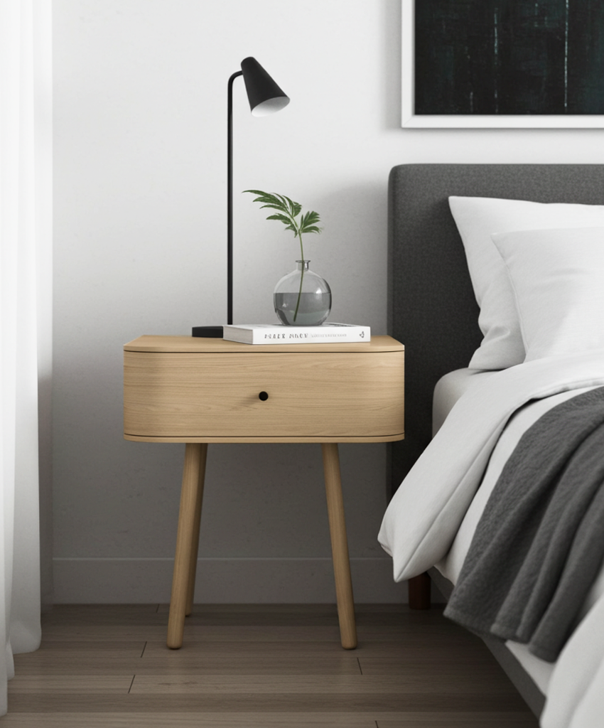 Wooden nightstand with books and a lamp next to a bed in a bedroom setting.