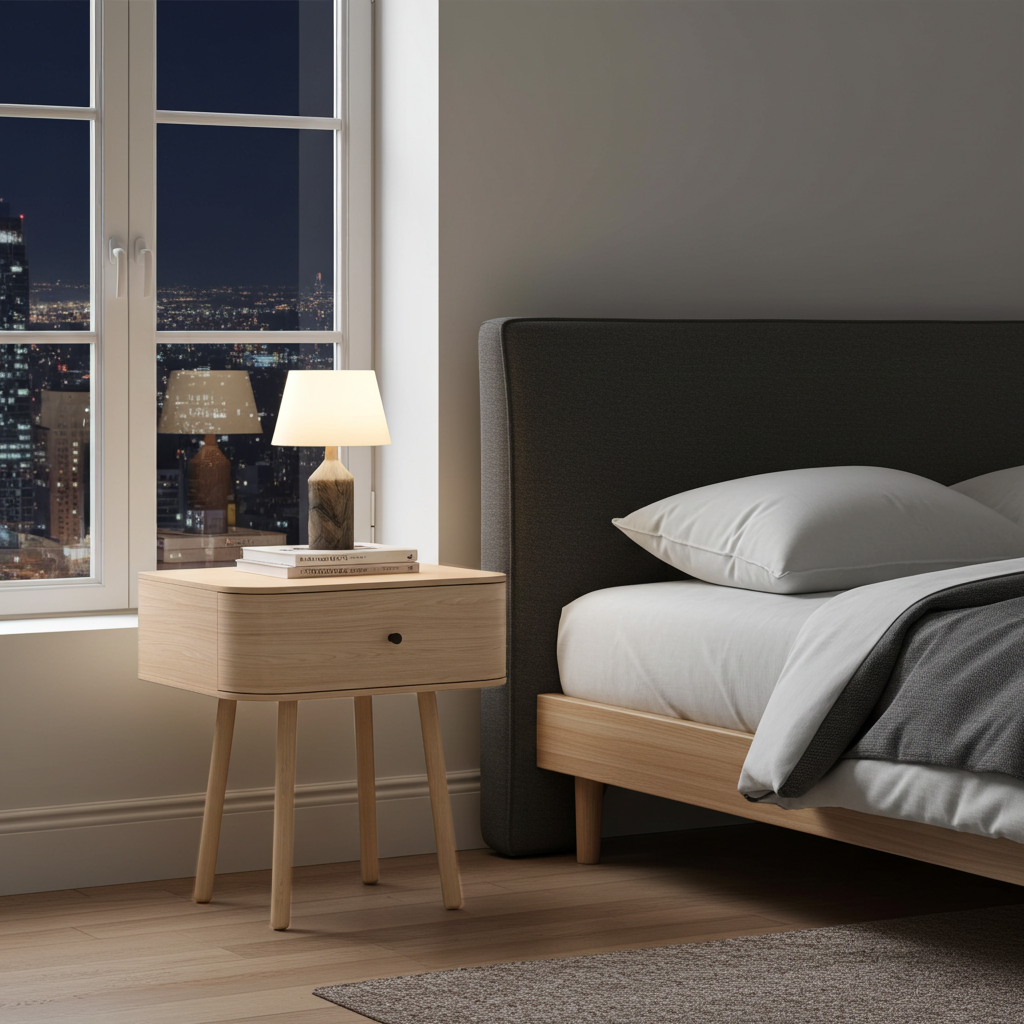 Modern bedroom with a bed and nightstand by a window showing a cityscape at night.