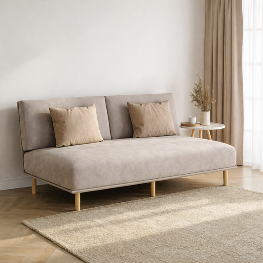 Beige two seater sofa positioned in a bright living room with a coffee table and soft neutral minimalist decor.