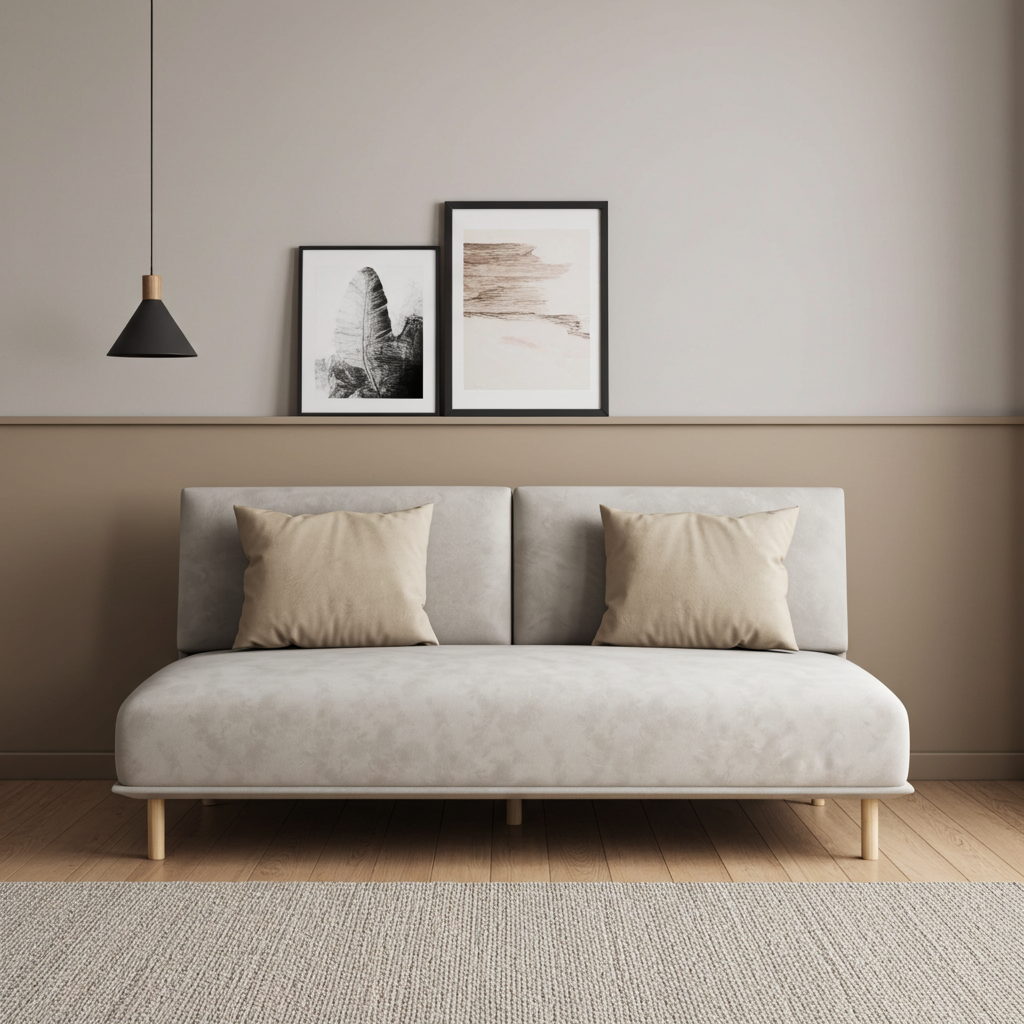 Beige sofa with beige cushions in a modern living room setting.