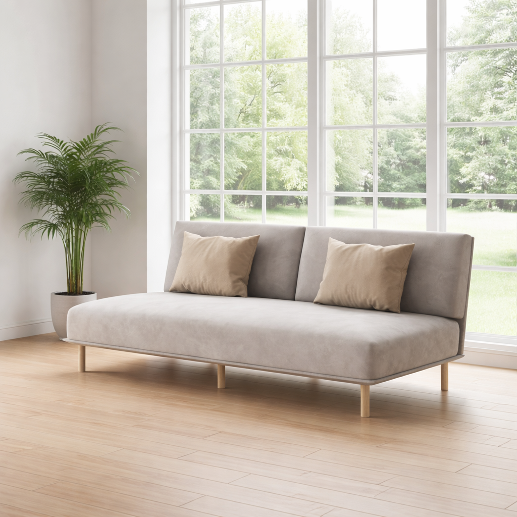 Modern beige sofa with beige cushions in a room with large windows and a plant.
