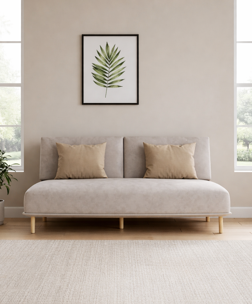 Beige sofa with beige cushions in a room with a framed leaf print on the wall.