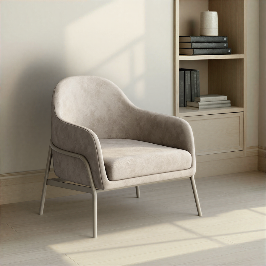 Beige armchair positioned in a bright living room reading corner next to a bookcase.