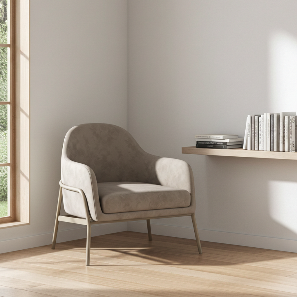 Modern armchair in a minimalistic room with a window and bookshelf.