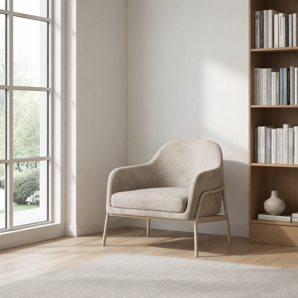 Beige armchair in a room with a large window and bookshelf.