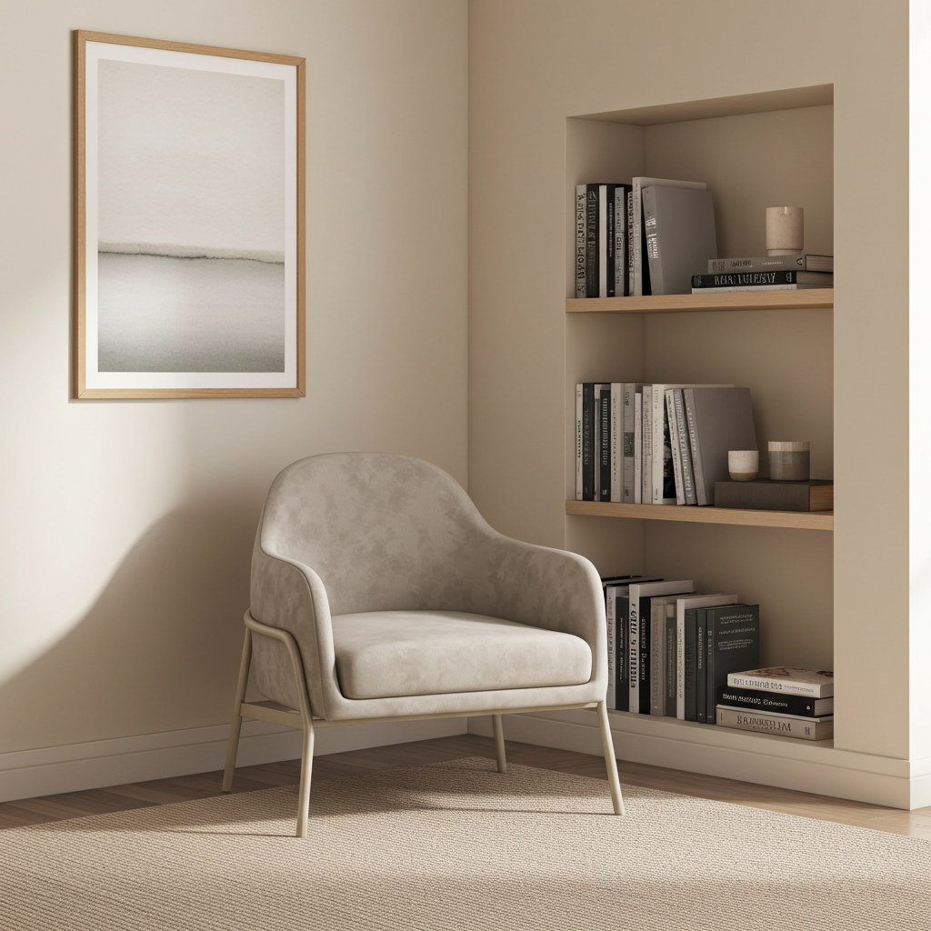 Beige armchair positioned as accent seating in a bright reading nook next to a built in bookshelf.