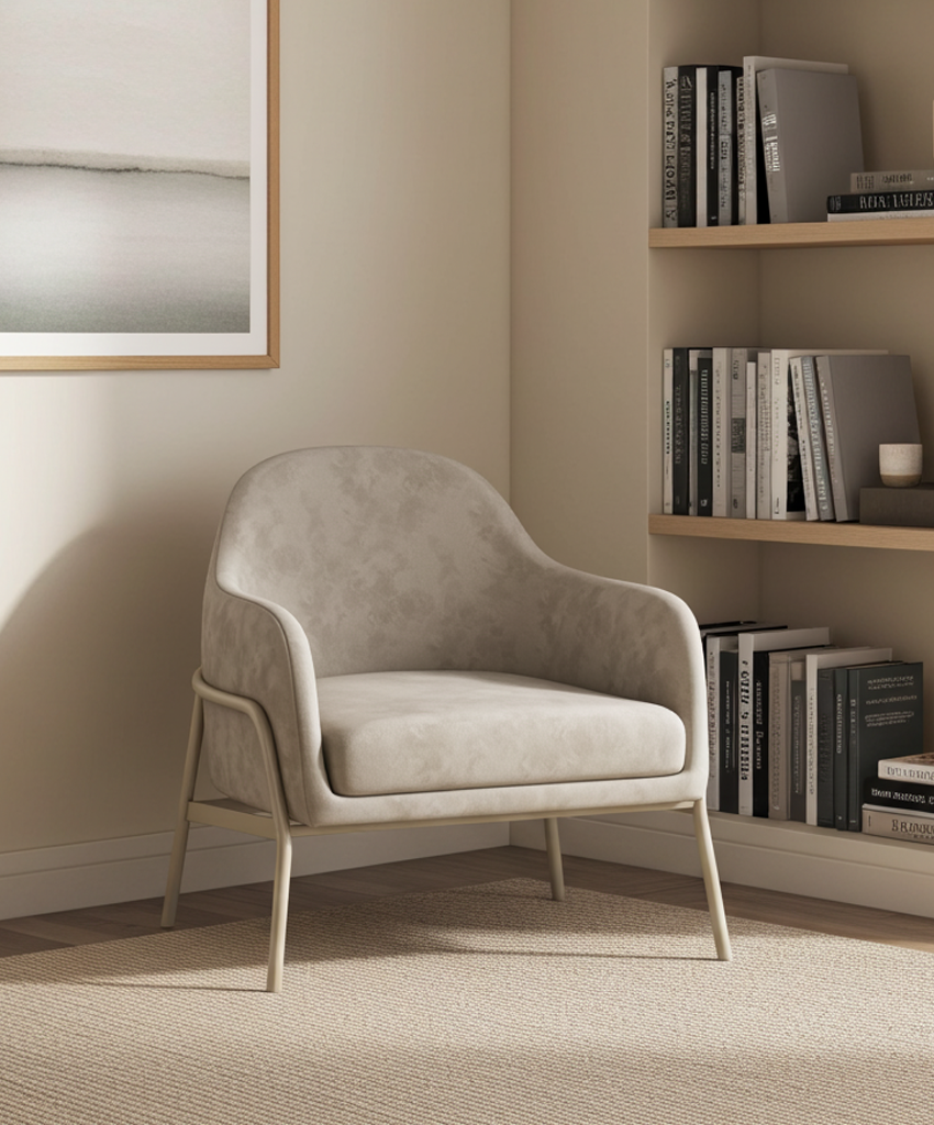 Beige armchair in a room with a bookshelf and framed picture