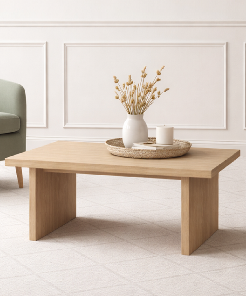 Wooden coffee table with decorative items in a room with white walls and a gray sofa.