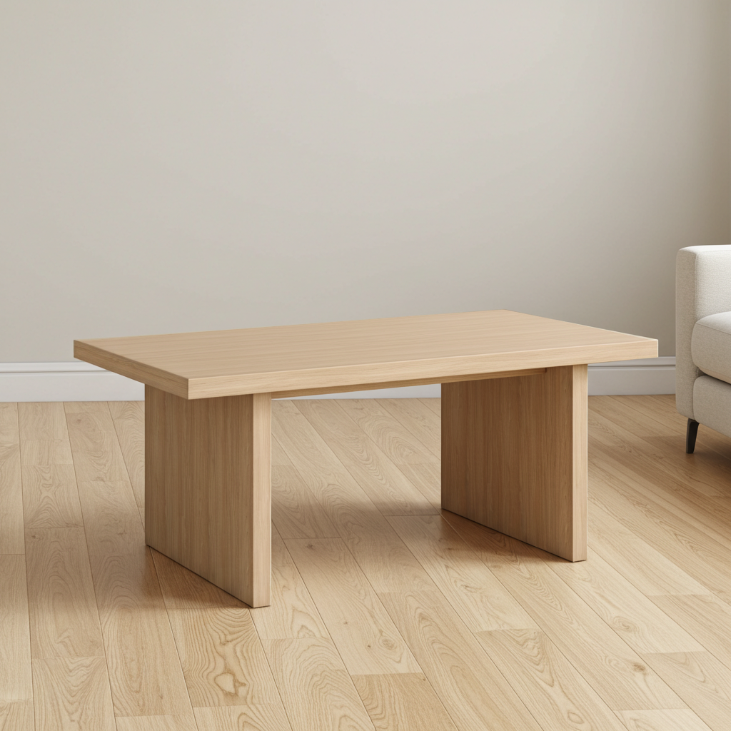 Light wood coffee table in a room with a neutral wall and a chair.