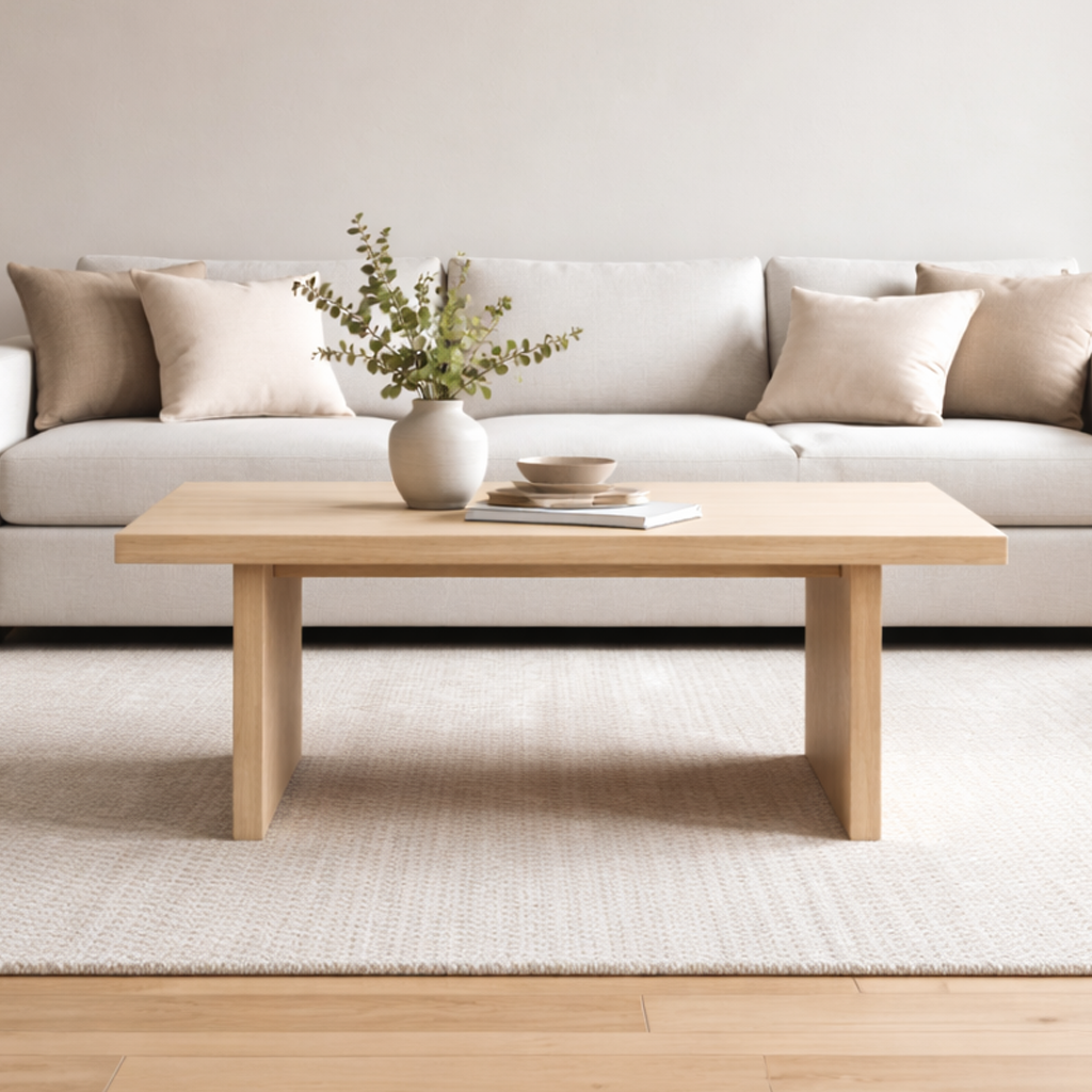 Light wood coffee table with decorative items in a living room setting.