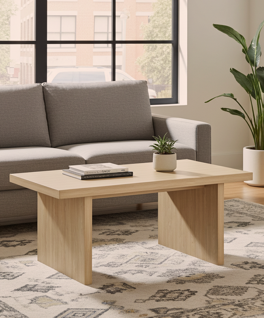 Living room with a beige sofa, wooden coffee table, and decorative items.